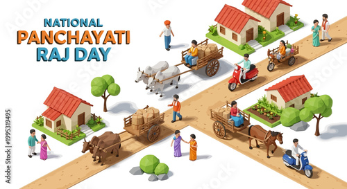 Isometric illustration depicting National Panchayati Raj Day celebrations in India, showcasing village council members riding bullock carts and scooters on a rural road against a clean