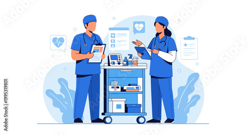 Medical professionals, healthcare workers, blue scrubs, hospital cart, medical equipment, vector illustration