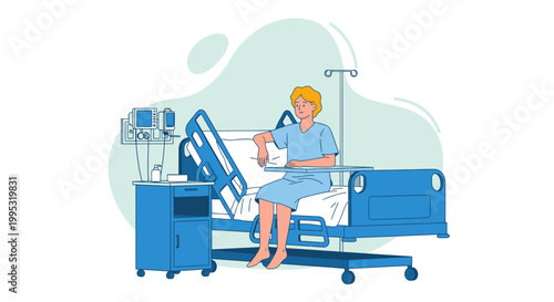 Hospital bed, patient care, medical equipment, healthcare vector, blue and white illustration