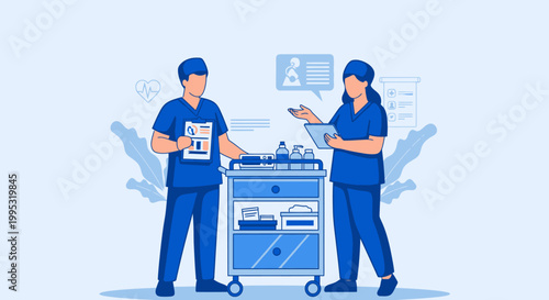 Medical professionals, blue scrubs, hospital cart, healthcare workers, medical equipment, vector illustration