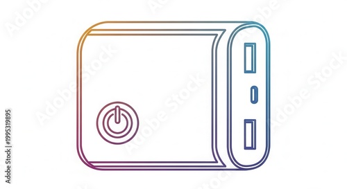 Portable Power Bank with USB Ports and Power Button Icon, Outline Drawing