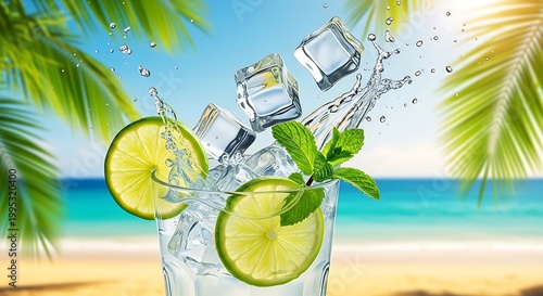 Refreshing lime cocktail with mint leaves and ice cubes splashing on beach background cocktail refreshing tropical