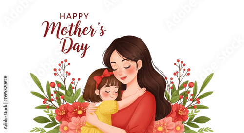 Happy Mother's Day Embrace, Loving Mom Hugging Daughter, Family Love, Floral Background, Warm Celebration