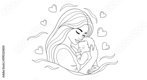 Mother Holding Baby with Love Hearts and Swirls for Maternity, Family, and Care Concepts
