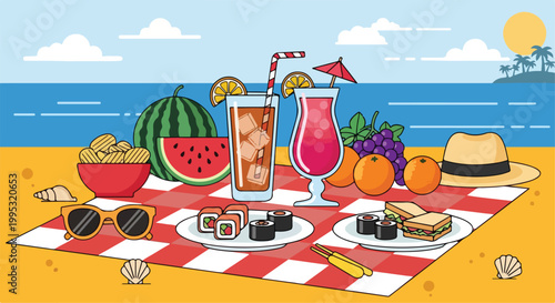 Beach picnic, summer vacation, outdoor food, colorful illustration, vector