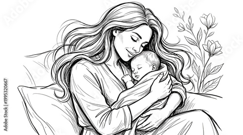 Mother's Love Gentle Embrace Newborn Baby Serene Calm Nurturing Family Bond Warmth Comfort Caregiving
