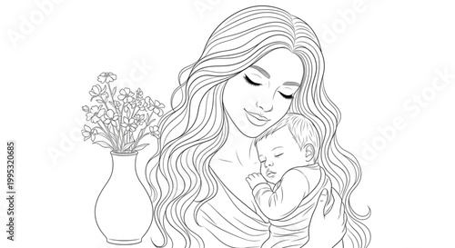 Mother's Love Tenderly Holding Sleeping Baby, Symbolizing Family, Care, Nurturing, New Life, Parenthood, Joy, Warmth, Comfort,