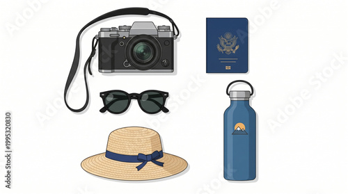 Travel Gear Flat Lay with Camera, Passport, Sunglasses, Straw Hat and Water Bottle