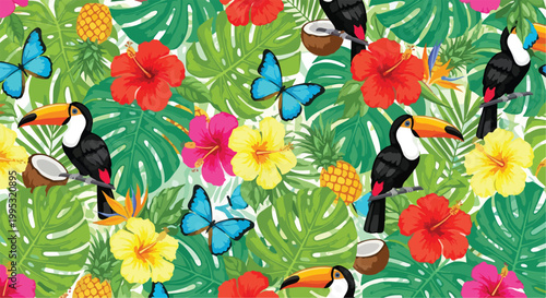 Tropical seamless pattern, colorful jungle foliage, exotic flowers, toucans, butterflies, Vector illustration