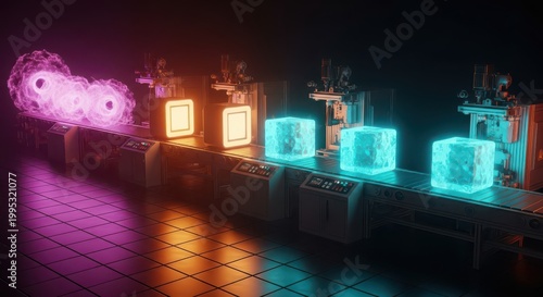 Futuristic industrial conveyor belt processes glowing cubes within a dark manufacturing facility.