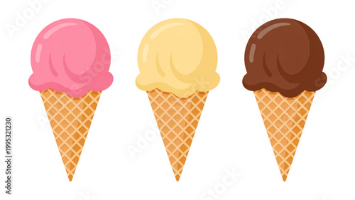 Obraz na plátně Three colorful ice cream cones with different flavors in a row Vector