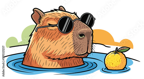 Capybara wearing tiny sunglasses relaxing in hot spring with yuzu fruit in vivid vector illustration