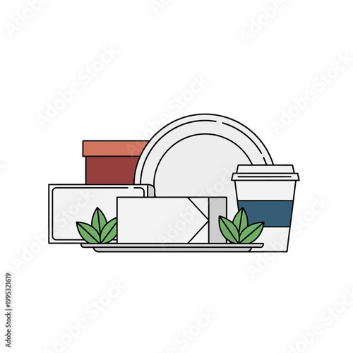 Minimalist service with plate, cup, box and napkin ready for use