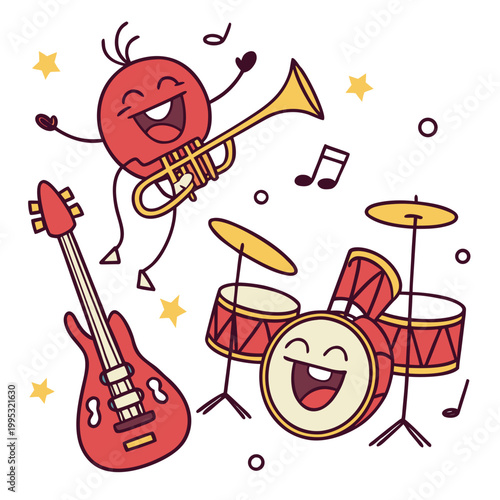 Happy red guitar and drum kit character collection.