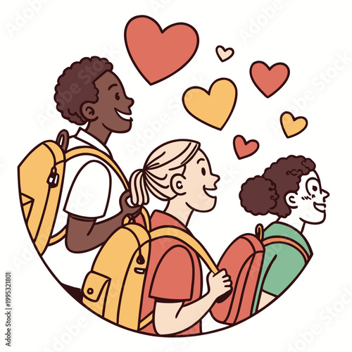 Group of happy pupils with colorful backpacks.
