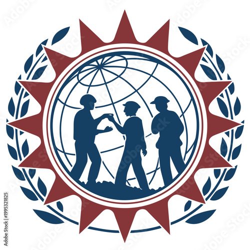 Worker cooperation emblem with sunburst and laurel.