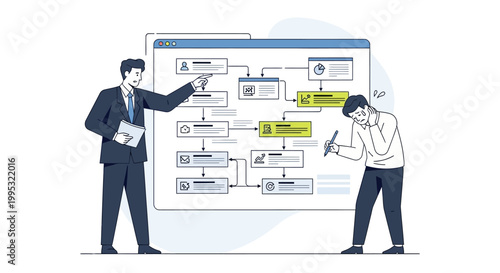 Businessman and woman discussing flowchart.