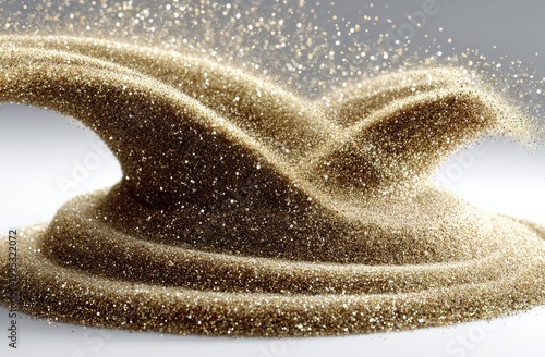 Gold glitter mound with falling sparkles on white