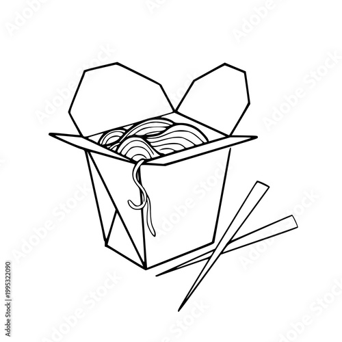 simple outline drawing of wok noodles in cardboard box