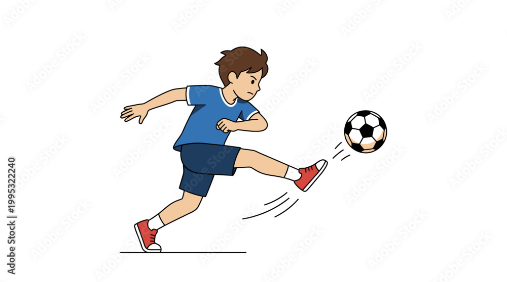 Obraz premium Cartoon boy in blue shirt kicking soccer ball with red shoes in motion, sports action scene in playful flat design style for kids