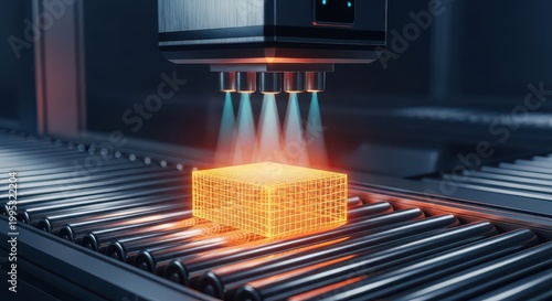 Industrial laser equipment processes a glowing geometric object on a moving conveyor belt.
