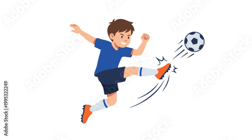 Cartoon boy in blue shirt kicking soccer ball with orange shoes in dynamic motion on white background in playful style