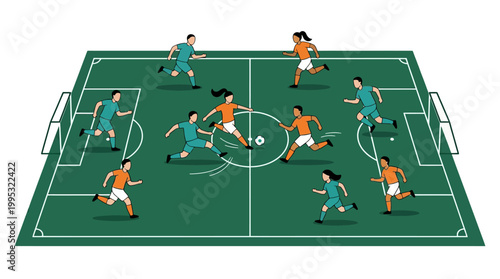 Soccer players in action on green football field with white lines, cartoon style, during a competitive match, outdoor recreational sport