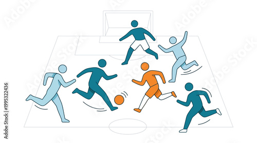 Flat design style soccer players in motion on a field kicking ball in a competitive match with various body positions