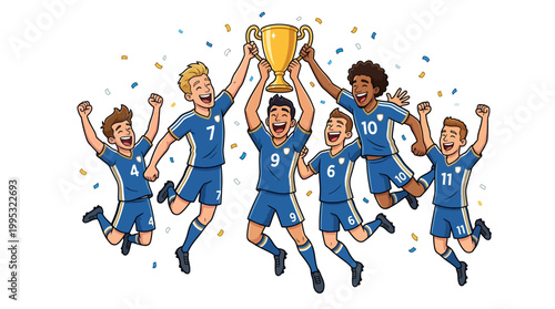 Six joyful male soccer players in blue uniforms jumping and celebrating with a trophy, colorful confetti around them, youthful energetic scene, cartoon vector graphic