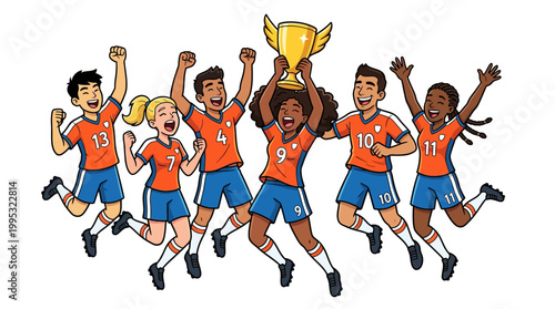 Diverse group of six ecstatic soccer players in orange jerseys and blue shorts jumping with arms raised in triumph holding a trophy cup in a vibrant cartoon style on white background