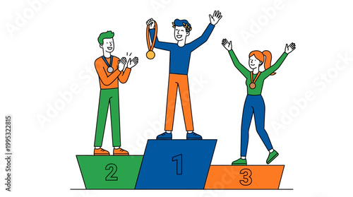 Three cartoon-style athletes standing on colorful podium with numbers, winner celebrating with arms raised, others with boxing gloves, vector graphic, sport, competition, championship