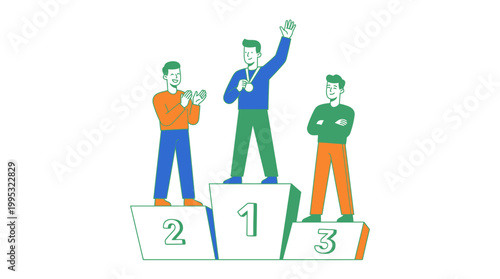 Three men standing on podium, winner celebrating, losers looking disappointed, colorful minimalist flat design, ranking concept, achievement and success in business or sports