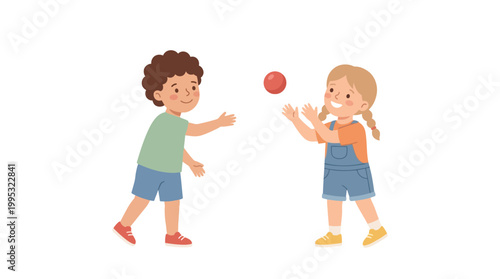Two happy children, a boy and a girl, playing with a red ball, cartoon style, on a white background, playful, youthful, carefree scene.