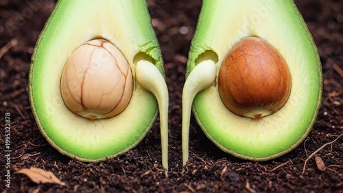 Two avocado halves with sprouting seeds on soil surface, close-up shot.