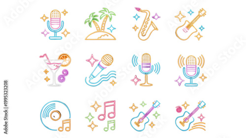 Colorful set of playful dancing emoji-style icons with musical notes Vector