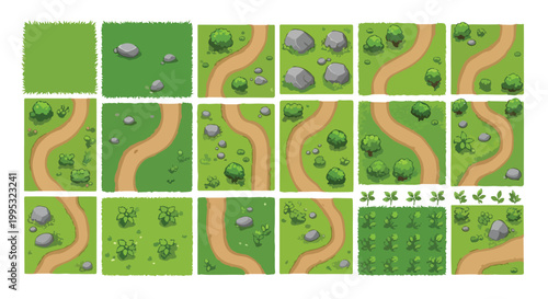 Cartoon game level map tiles, 18 green grass landscape squares with dirt paths and rocks, top down nature environment assets for mobile gaming