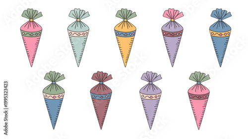 Colorful ice cream cones set with different flavors and toppings Vector