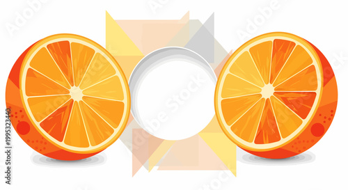 Two vibrant orange halves with juicy segments, symmetrically arranged around a central white circle and abstract geometric shapes on a clean white background.
