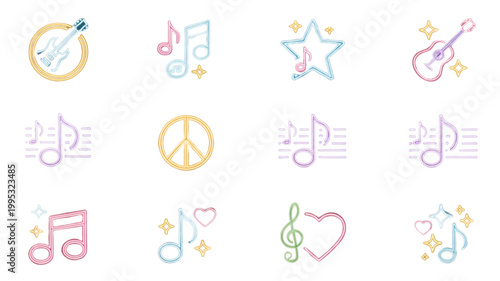 Set of colorful musical notes and sound wave icons in flat vector design Vector