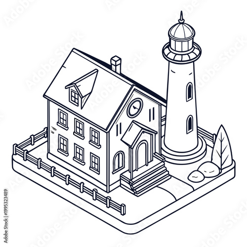 A black and white line drawing of a house with a lighthouse