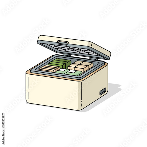 Open cooler with food inside, a man's lunch filled with diverse items