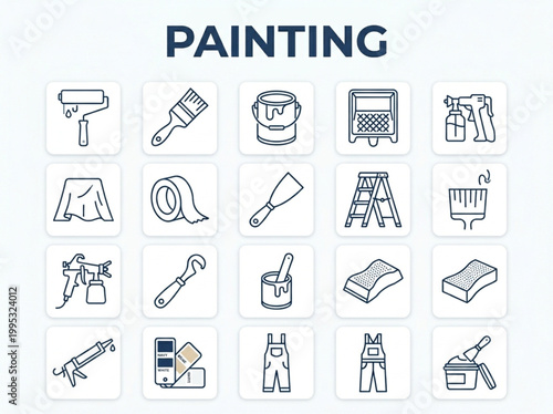 Comprehensive collection of professional painting and decorating icons featuring essential tools, application equipment, and safety gear for home renovation and commercial design projects