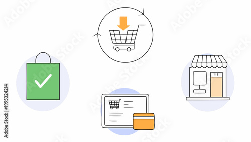 E-commerce icons illustrate the digital shopping journey with simple and clean line art graphics.