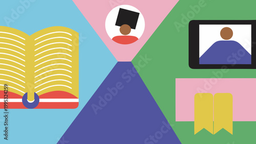 Education elements including an open book and a digital tablet illustrate modern learning.