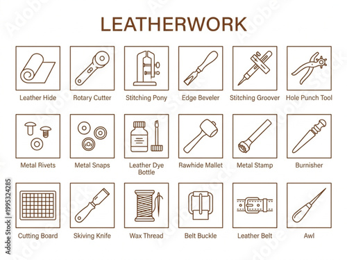 Set of professional leatherwork and leather crafting icons featuring traditional hand tools, hardware, and raw materials for artisanal workshop design projects