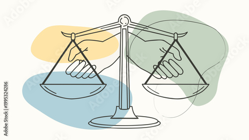 Scales of justice feature handshake silhouettes to symbolize fair legal agreements.