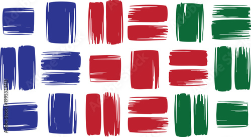 Abstract paint brush strokes in blue red and green colors, artistic ink smear collection, textured acrylic paint dabs for creative design projects