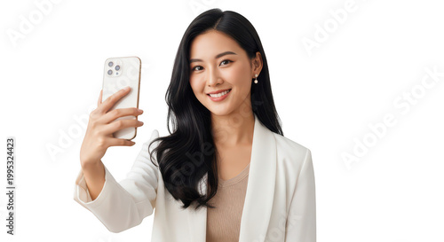 Young Asian Woman Taking Selfie With Smartphone isolated on transparent background