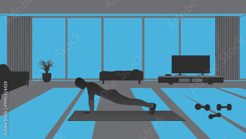 Person performs a plank exercise on a mat inside a modern living room setting.