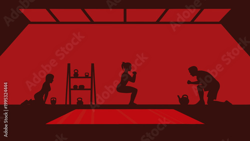 People exercise in a gym setting during a group fitness training session.